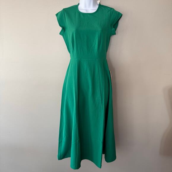 Bohme NWT Midi Dress Smocked Waist Cap Sleeve Fit Flare Sml Fall Sophisticated - Picture 1 of 16
